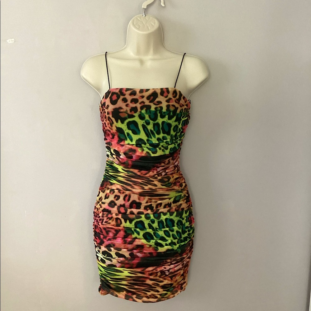 Rainbow colorful cheetah print ruched dress